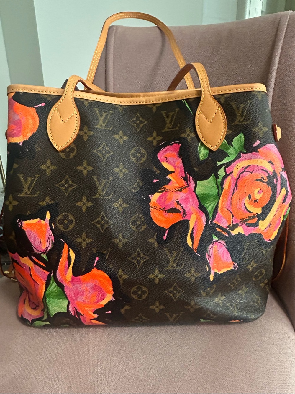 Louis Vuitton Brown Monogram Tote with Pink & Orange Floral Accents - Picture 2 of 5